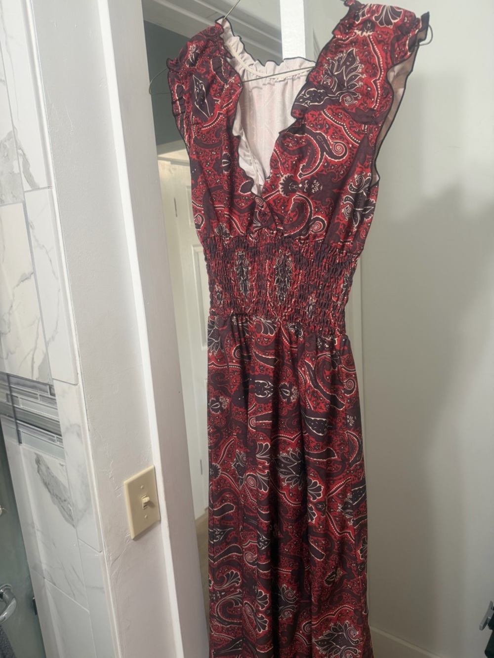 Red Paisley Maxi Dress with Ruffle V-Neck